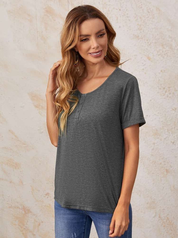 Regular Scoop Neck Dark Grey Women Clothing 193