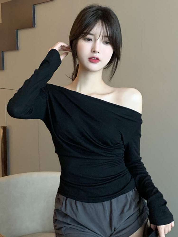 Regular Fit Asymmetrical Asymmetrical Neck Dark Grey Women Tops, Blouses  Tee 4123