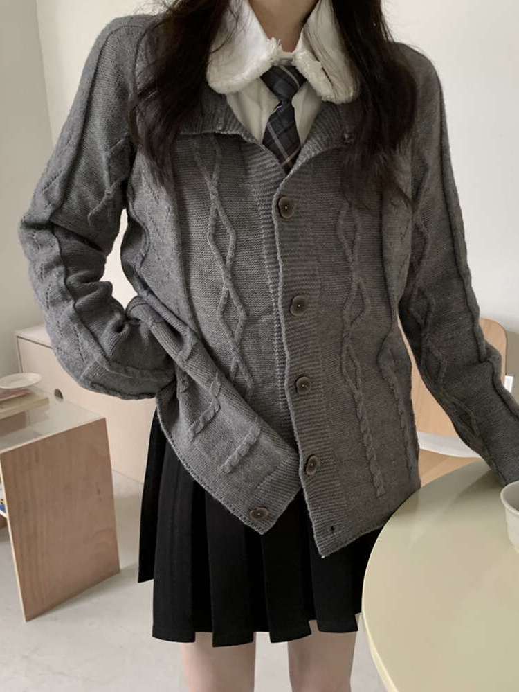 Dark Grey Plain Button Front Long Sleeve Women Clothing 590