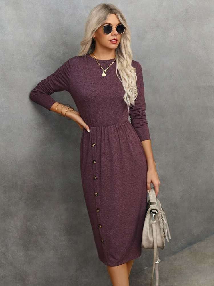 Casual Round Neck Plain Dark Grey Women Dresses 7435