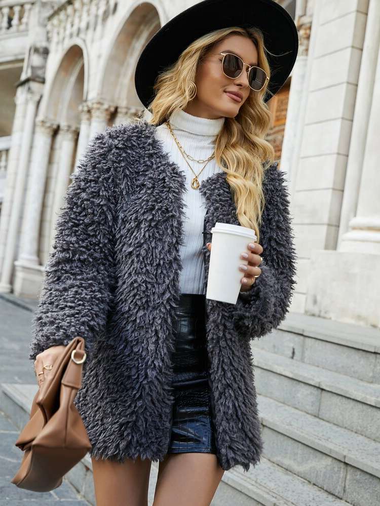 Short Dark Grey Plain Women Faux Fur Coats 2980