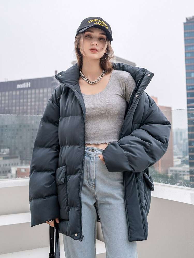 Patched Dark Grey Funnel Neck Women Winter Coats 2189