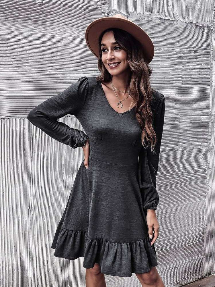 Short Long Sleeve Ruffle Hem Regular Fit Women Dresses 6631