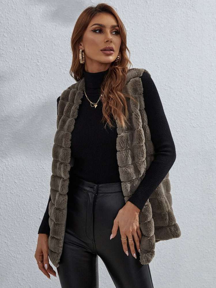  Plain Sleeveless Women Faux Fur Coats 5897