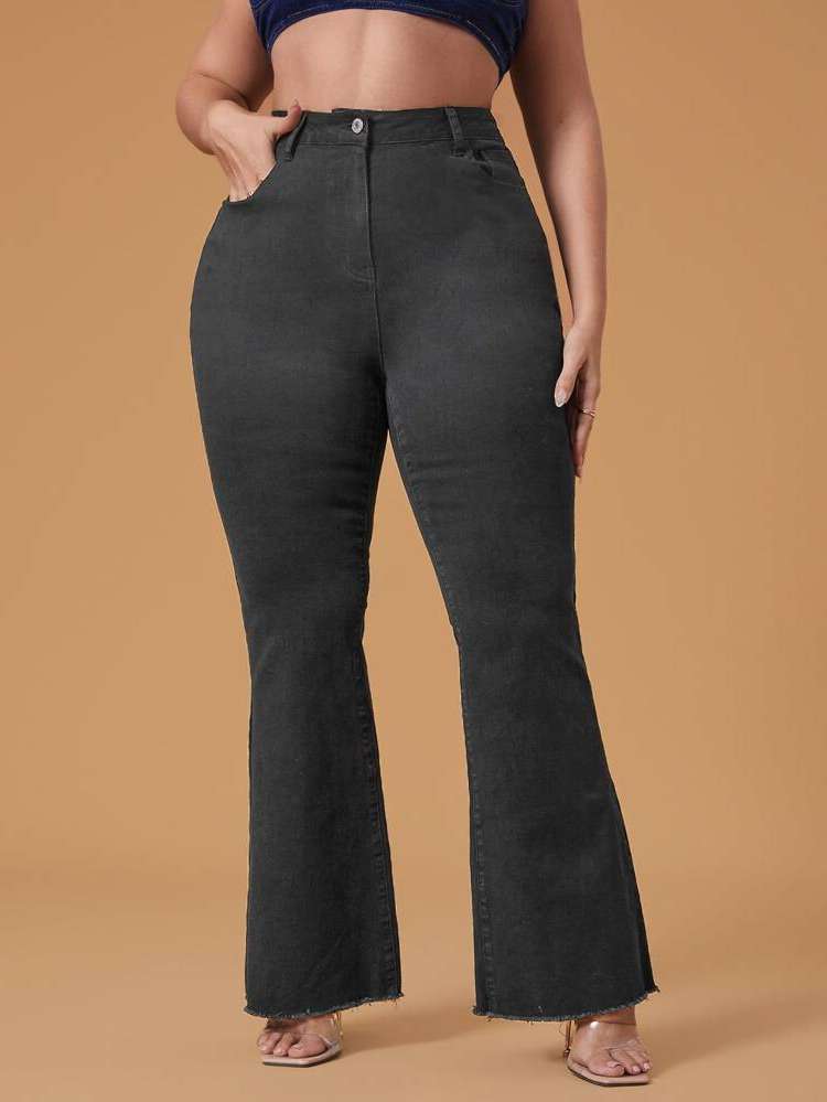 Plain Dark Grey Long Plus Size Denim 446