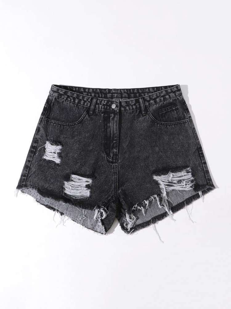 Button Dark Grey Regular Fit Plus Size Denim Shorts 1644