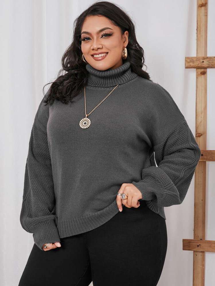 Casual High Neck Plain Plus Size Sweaters 548