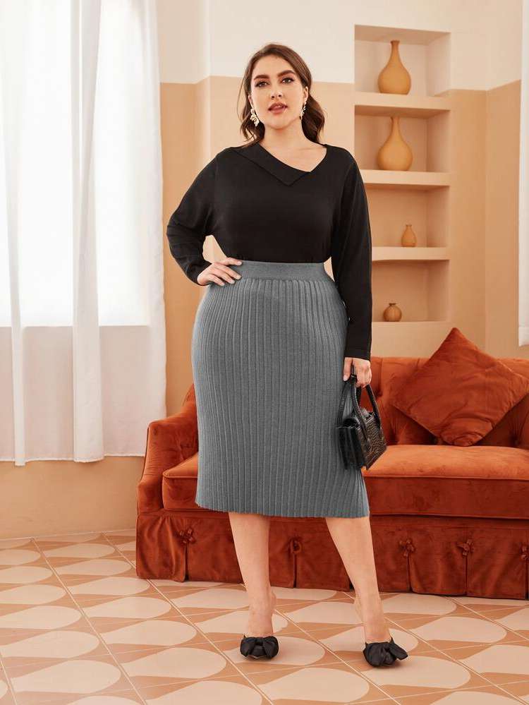  Rib-Knit Dark Grey Plus Size Knitwear 263