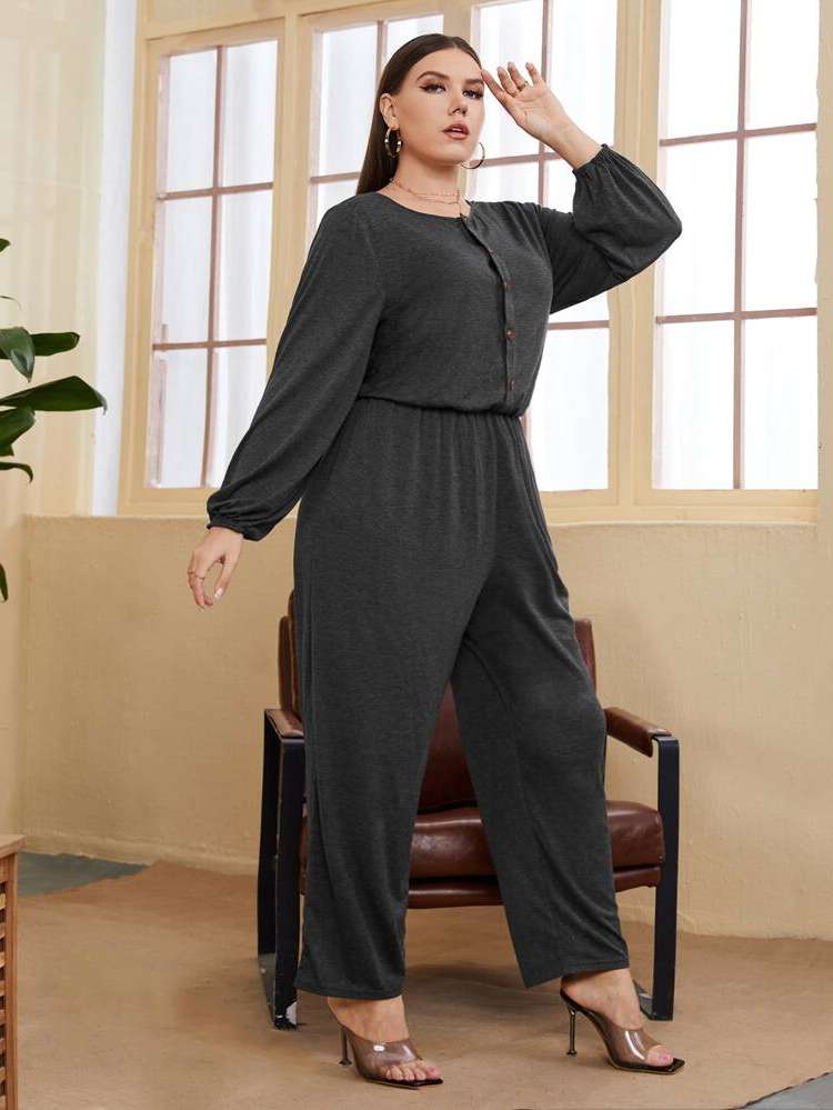 Long Dark Grey Regular Fit Button Front Women Plus Clothing 393