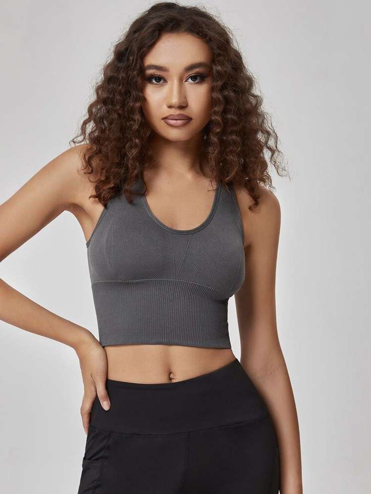 Letter Dark Grey Scoop Neck Women Activewear 8543