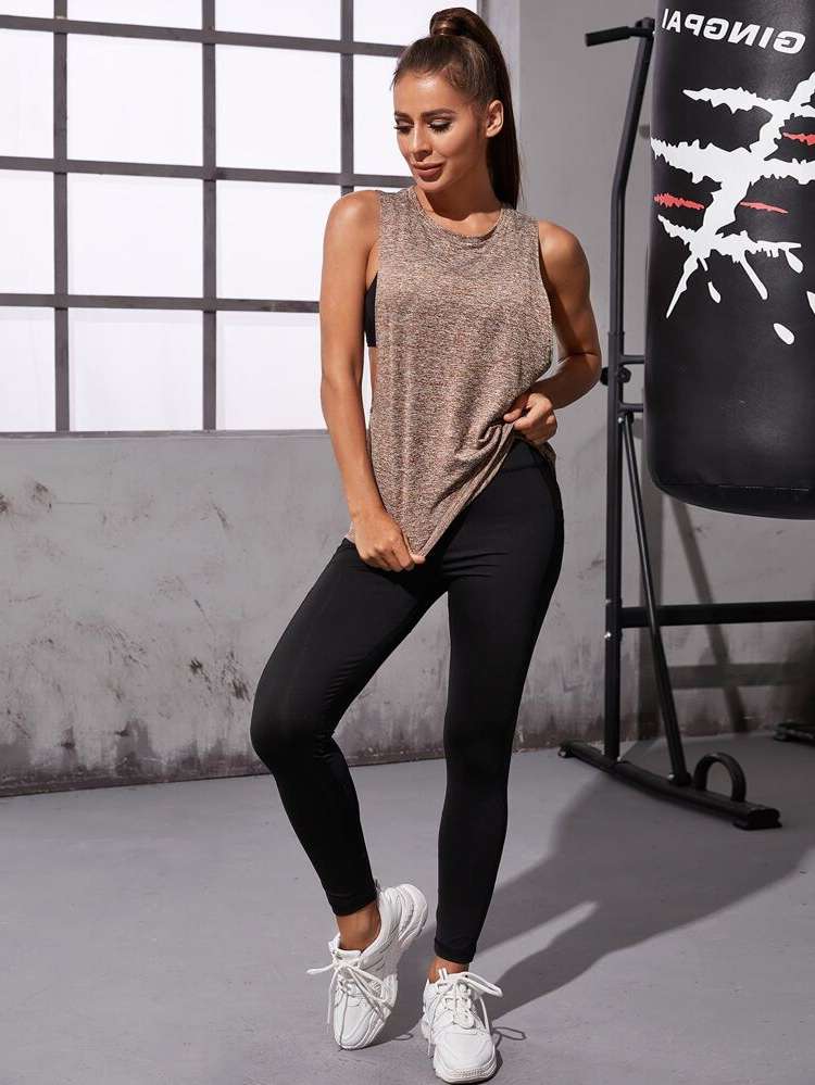 Plain Sleeveless Round Neck Regular Women Sports Tees  Tanks 6486