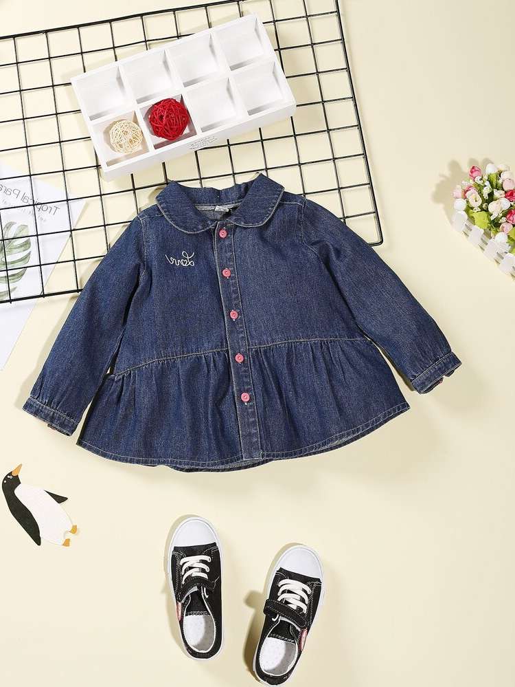 Regular Dark Wash Letter Long Sleeve Toddler Girls Denim 3530