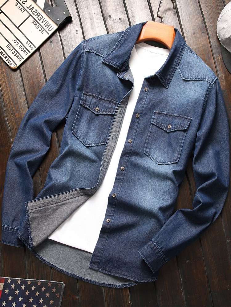 Collar Pocket Plain Men Denim 1338