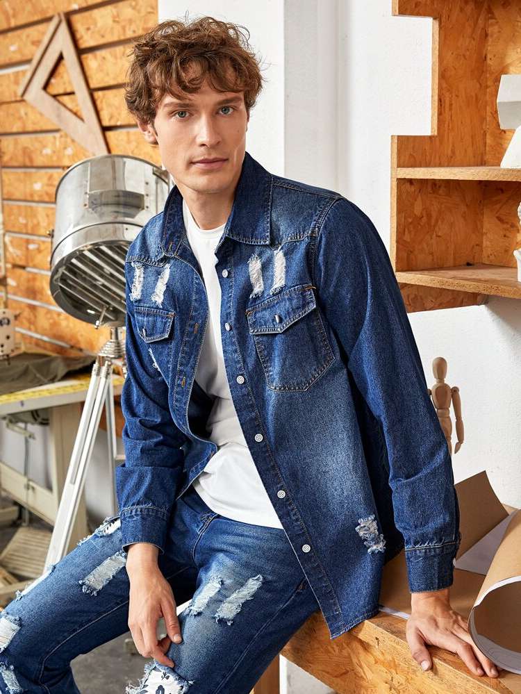  Regular Dark Wash Plain Men Denim Shirts 5326