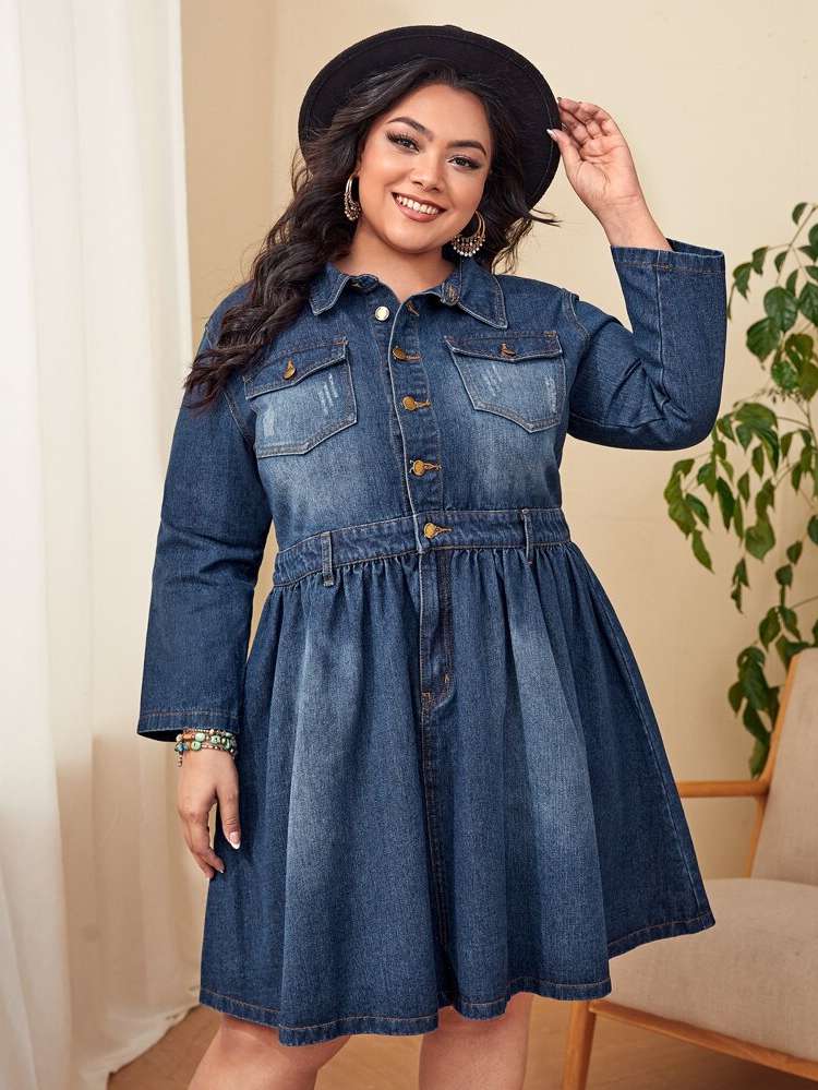 Dark Wash Collar Regular Fit Plus Size Denim Dresses 1419