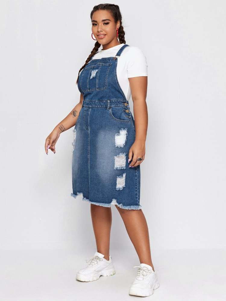 Preppy Sleeveless Dark Wash Knee Length Plus Size Denim 2283