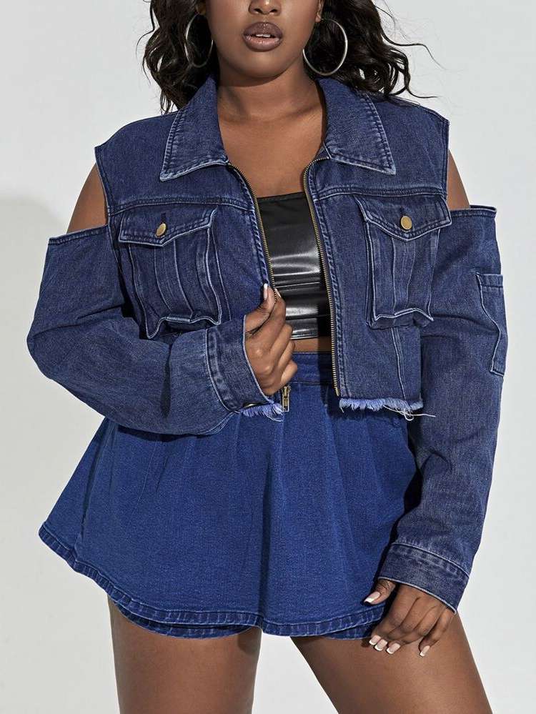 Crop Cold Shoulder Casual Long Sleeve Plus Size Denim Jackets 1127