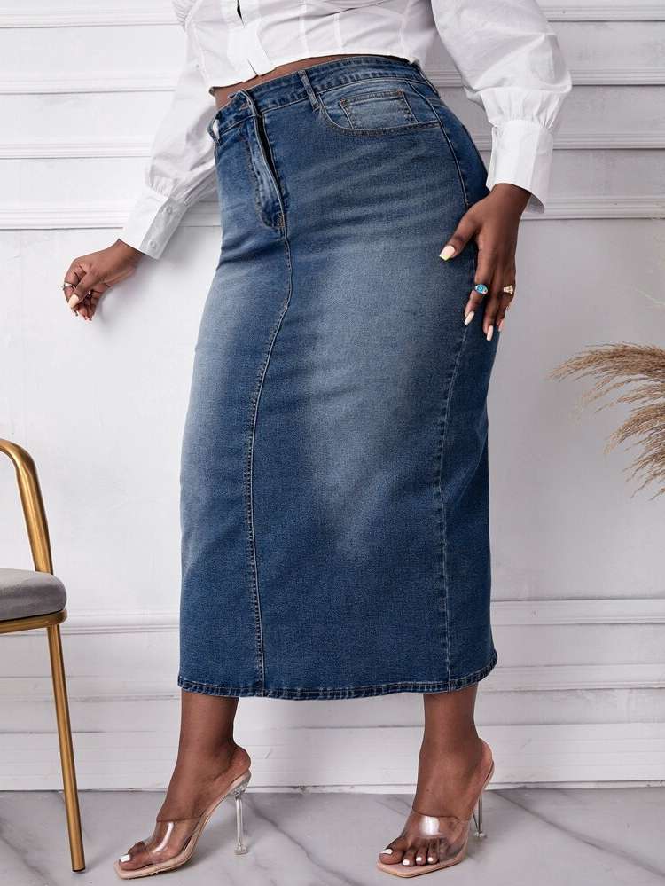 Dark Wash Button Plain Plus Size Denim Skirts 6469