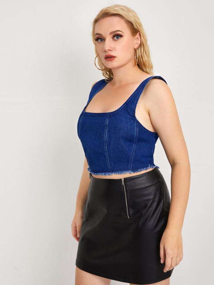 Crop Casual Sleeveless Dark Wash Plus Size Denim 8413