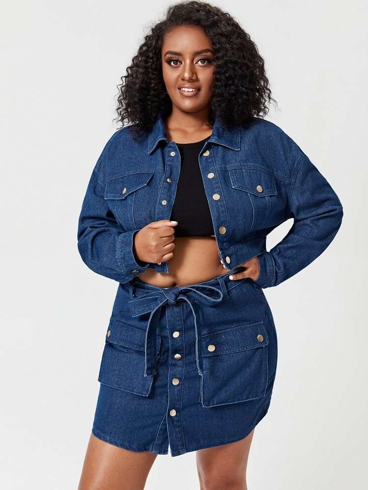 Regular Fit  Collar Plus Size Denim Two-piece Outfits 6621