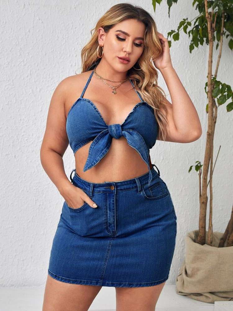  Backless Sleeveless Plus Size Denim Two-piece Outfits 305