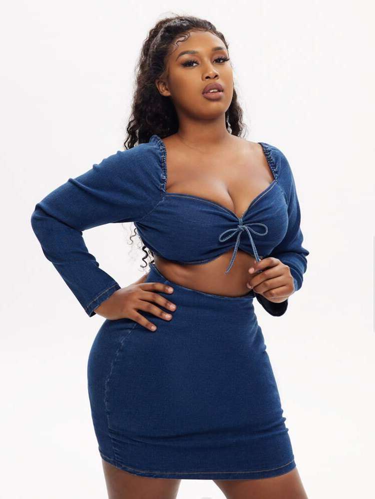 Knot Long Sleeve Sexy Plus Size Denim Two-piece Outfits 6637