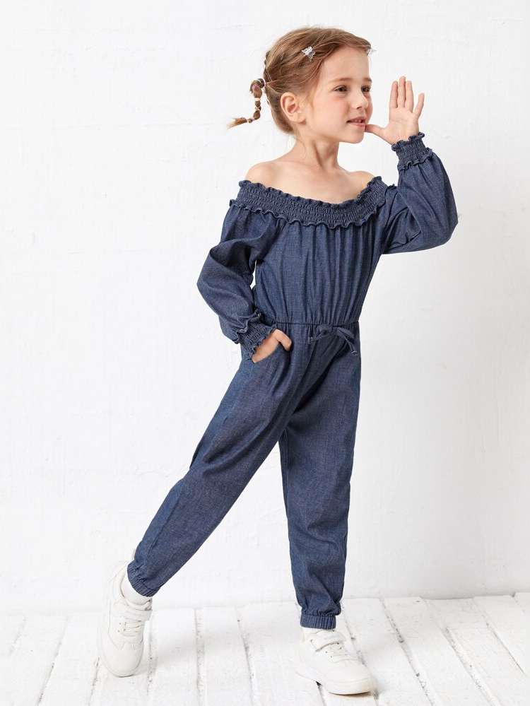 Casual Off the Shoulder Dark Wash Frill Toddler Girl Denim Overalls  Jumpsuits 9816