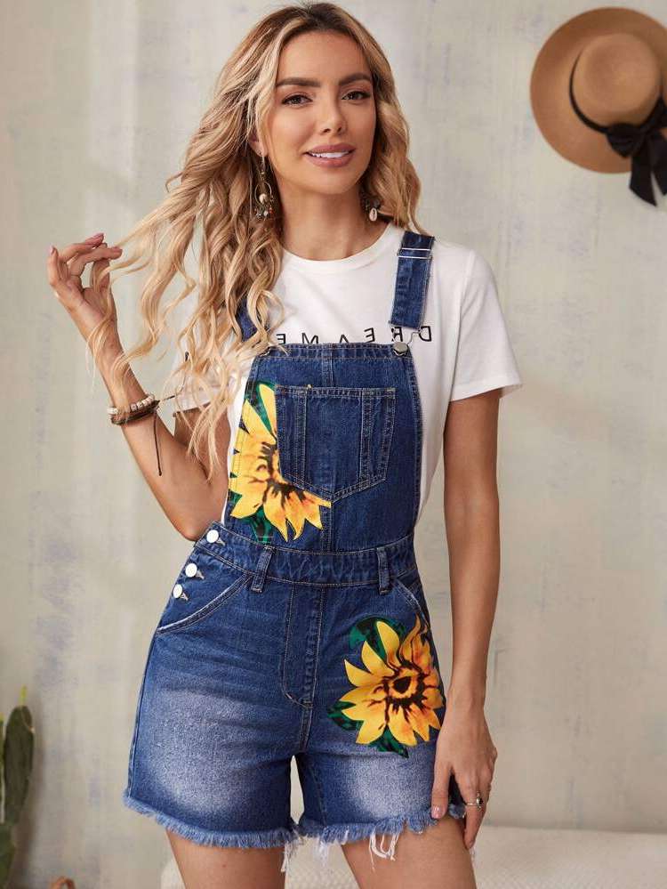 Floral Preppy Pocket Straps Women Denim Overalls  Jumpsuits 7430