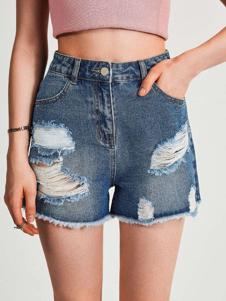  Dark Wash Plain Women Denim Shorts 394