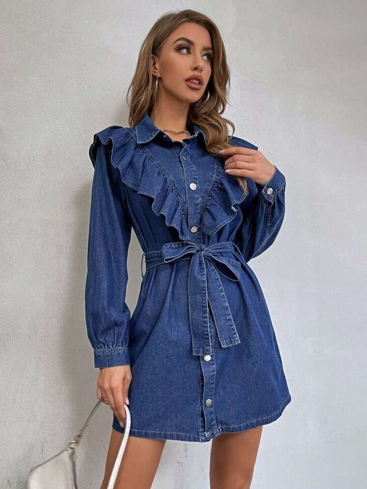  Long Sleeve Collar Plain Women Denim 176