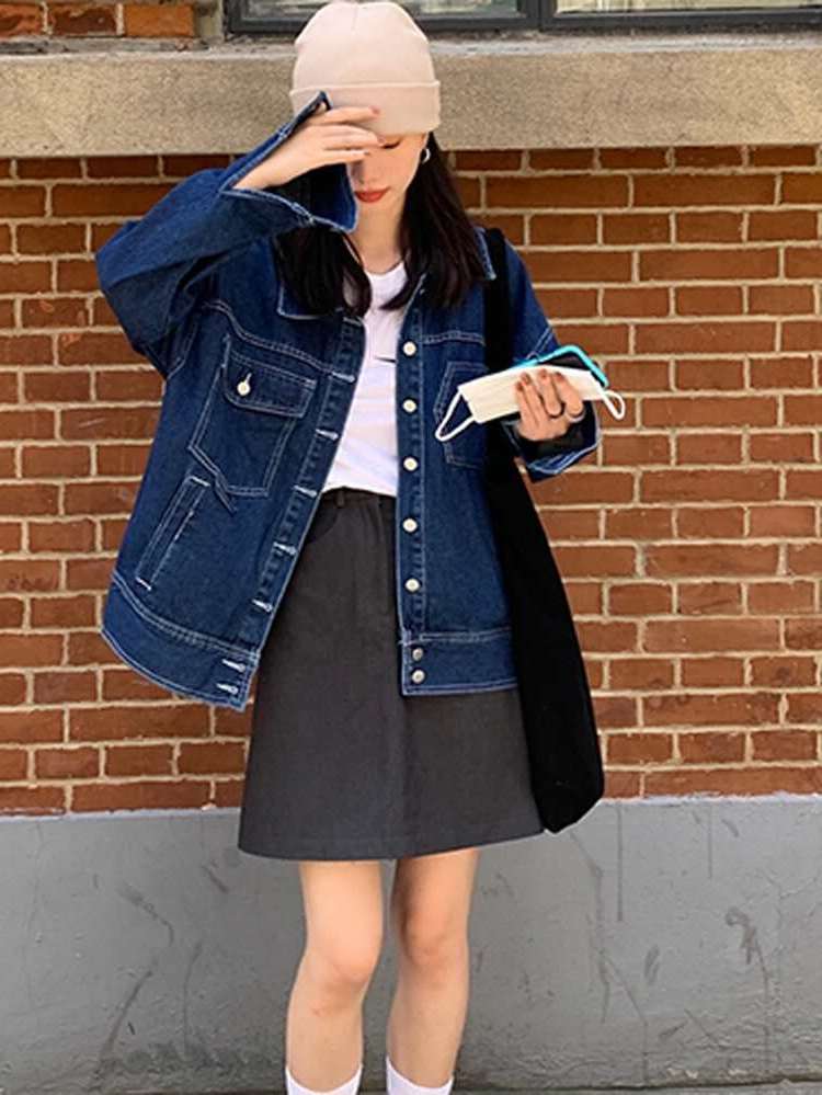 Long Sleeve Pocket Oversized Casual Women Denim Jackets  Coats 3695