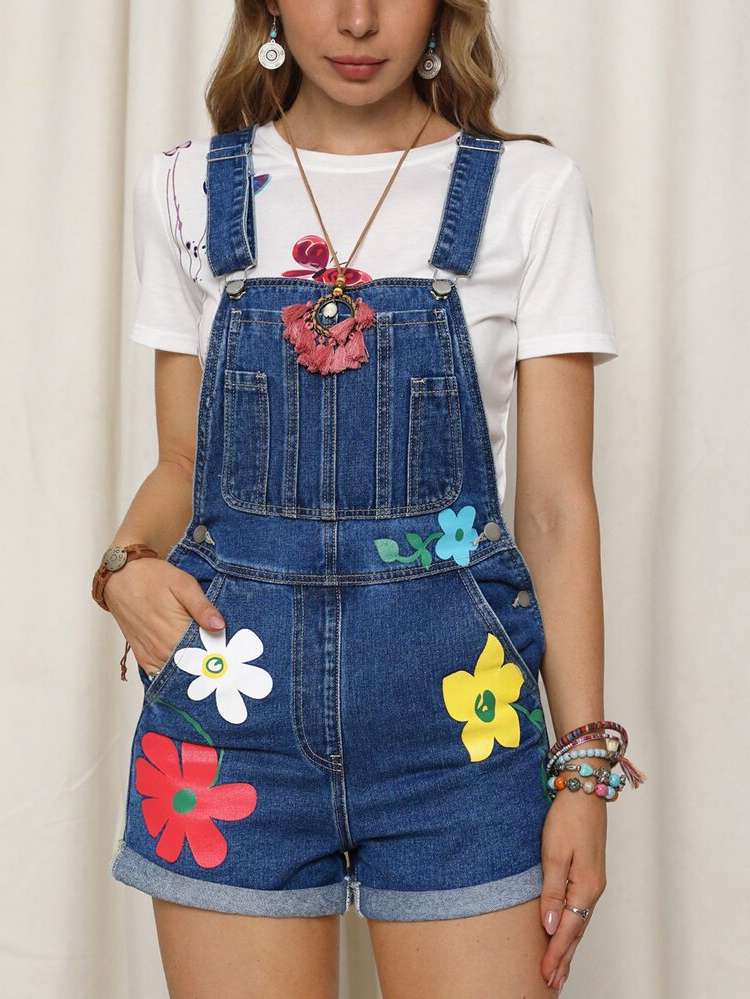 Sleeveless Dark Wash Preppy Regular Fit Women Denim Overalls  Jumpsuits 8642