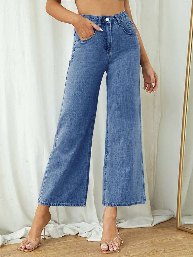 Button Plain Loose Women Jeans 803