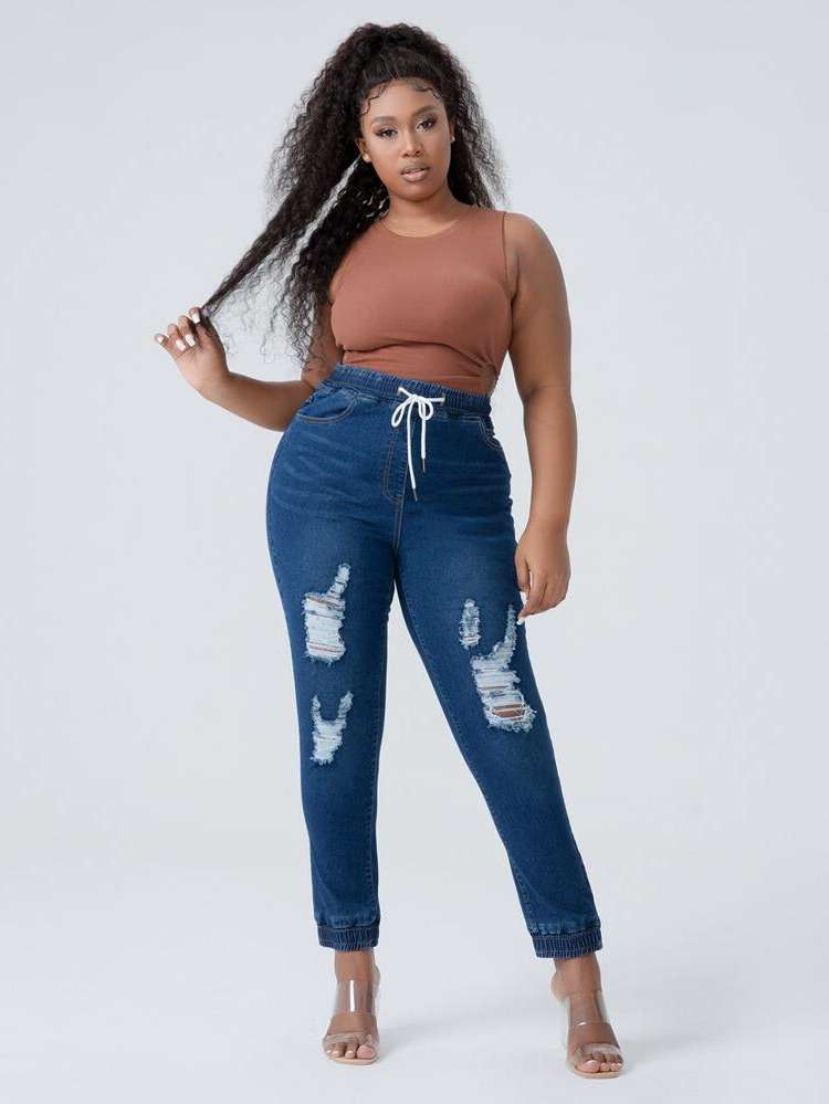 Dark Wash Cropped Plain Plus Size Denim 219