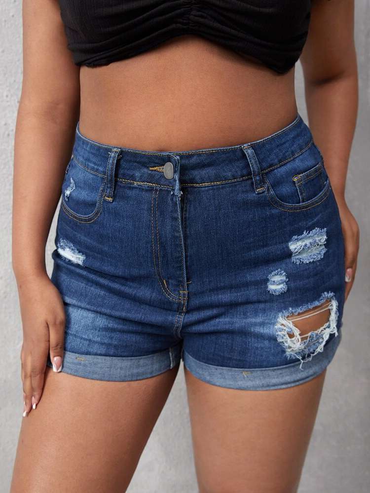  Plain Button Plus Size Denim Shorts 5785