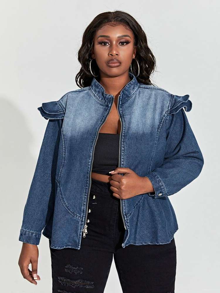 Dark Wash Casual Ruffle Plus Size Denim Jackets 867