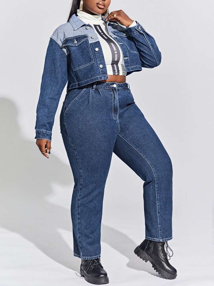  Dark Wash Colorblock Plus Size Denim Two-piece Outfits 215