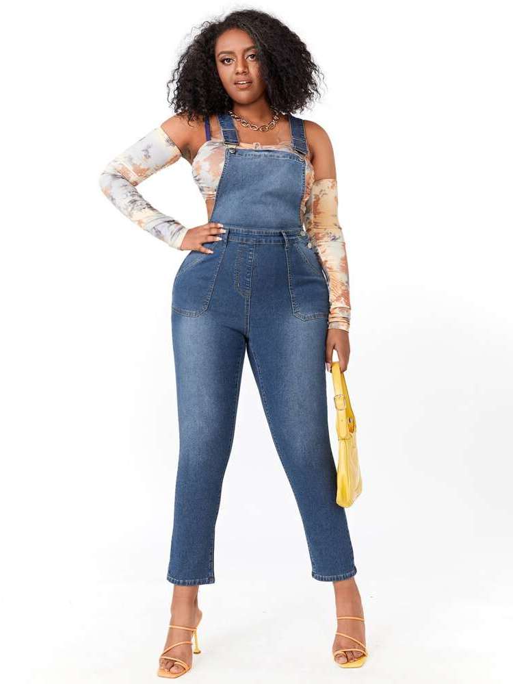  Skinny Pocket Straps Plus Size Denim Overalls 9381