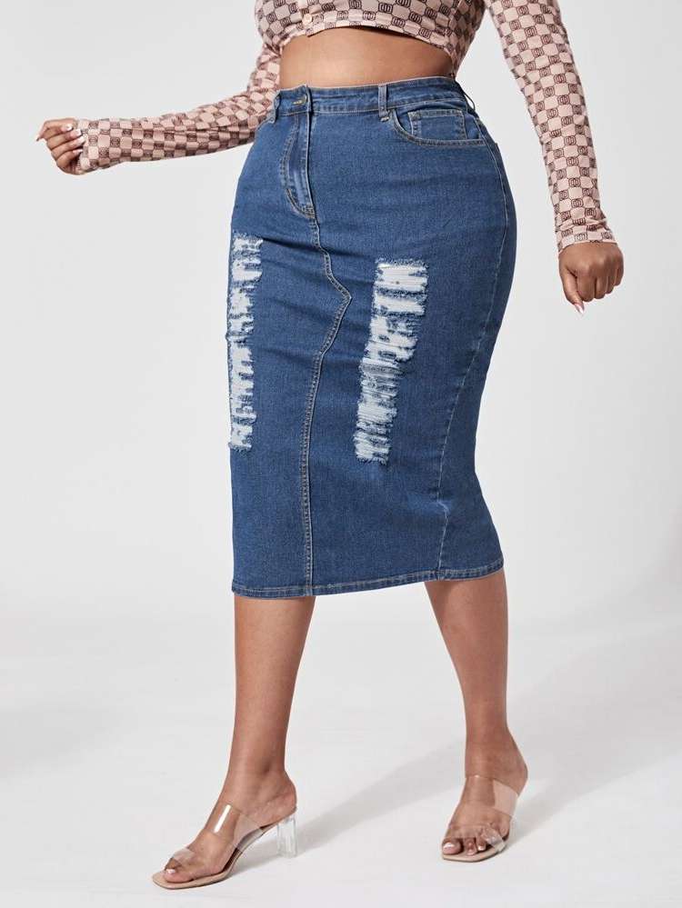  Dark Wash Plain Pocket Plus Size Denim Skirts 4693