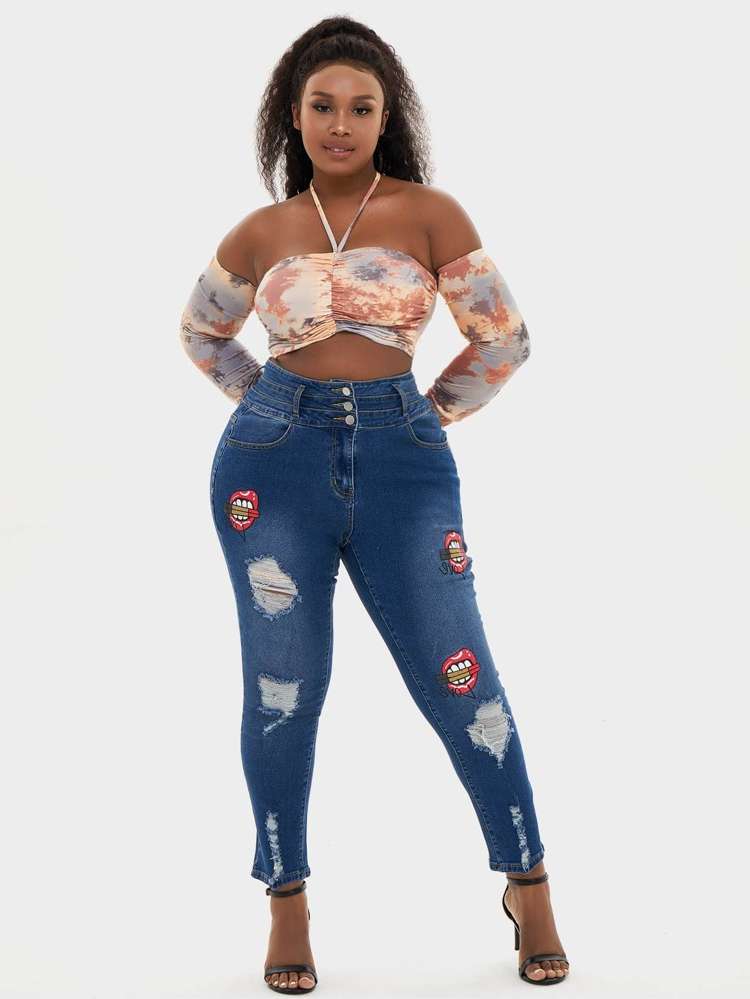 Skinny Ripped Cropped Plus Size Jeans 107