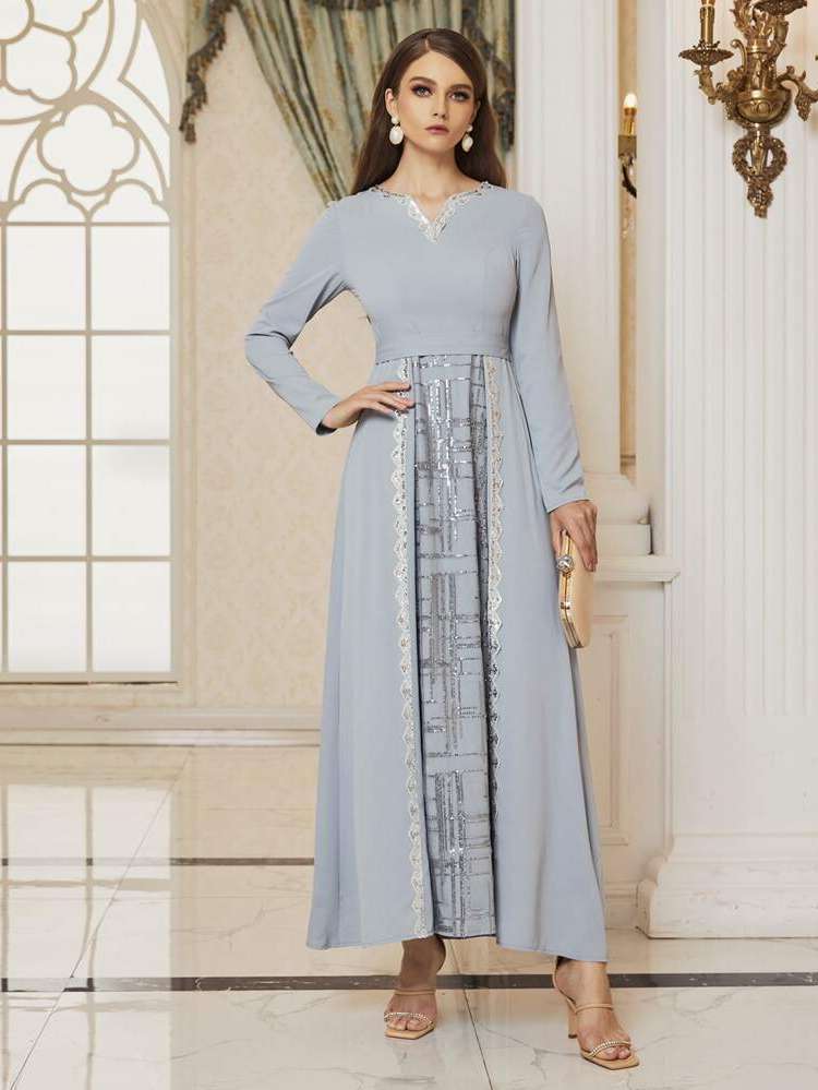  Notched Dusty Blue Arabian Dresses 801