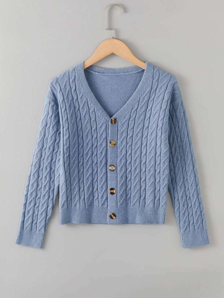 V neck Dusty Blue Long Sleeve Plain Girls Knitwear 9833