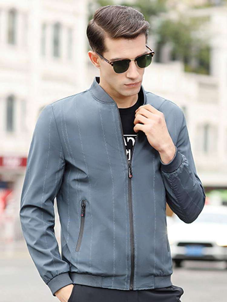  Baseball Collar Long Sleeve Dusty Blue Men Outerwear 160