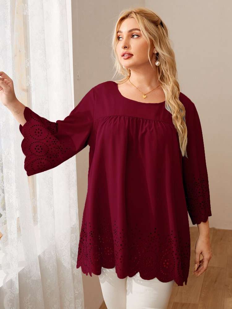 Long Round Neck Plain Casual Plus Size Tops 930