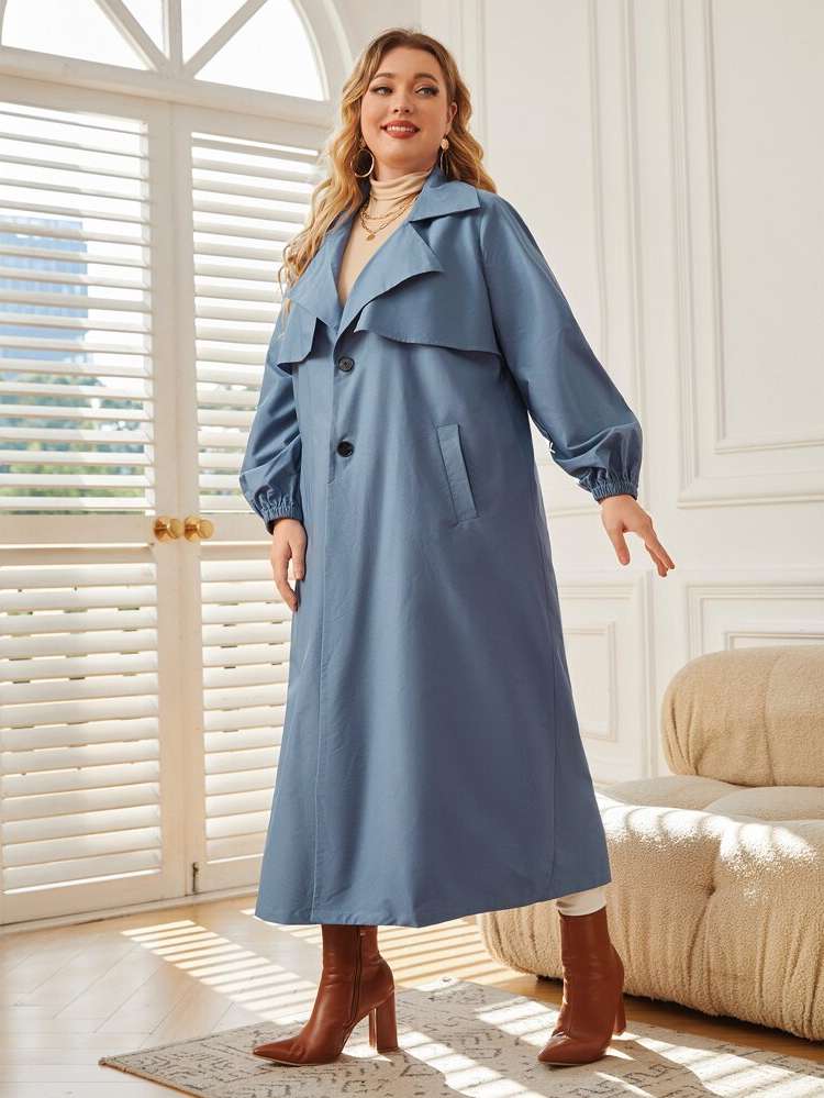 Regular Fit Elegant Plain Dusty Blue Plus Size Trench Coats 9906