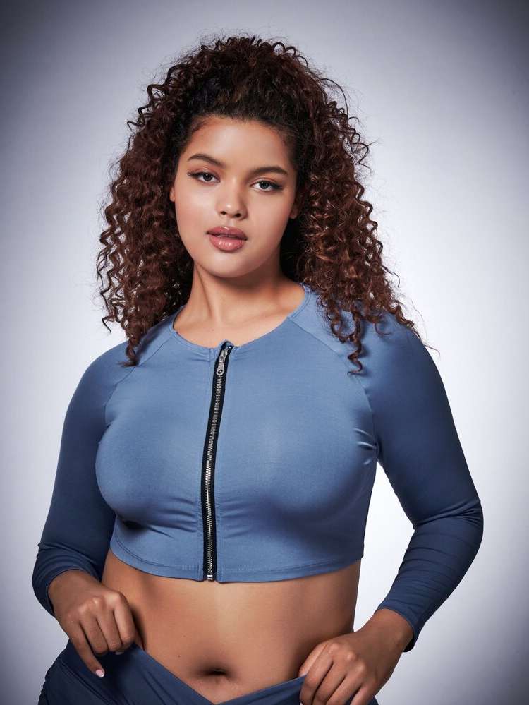 Plain Dusty Blue Long Sleeve Women Plus Activewear 456