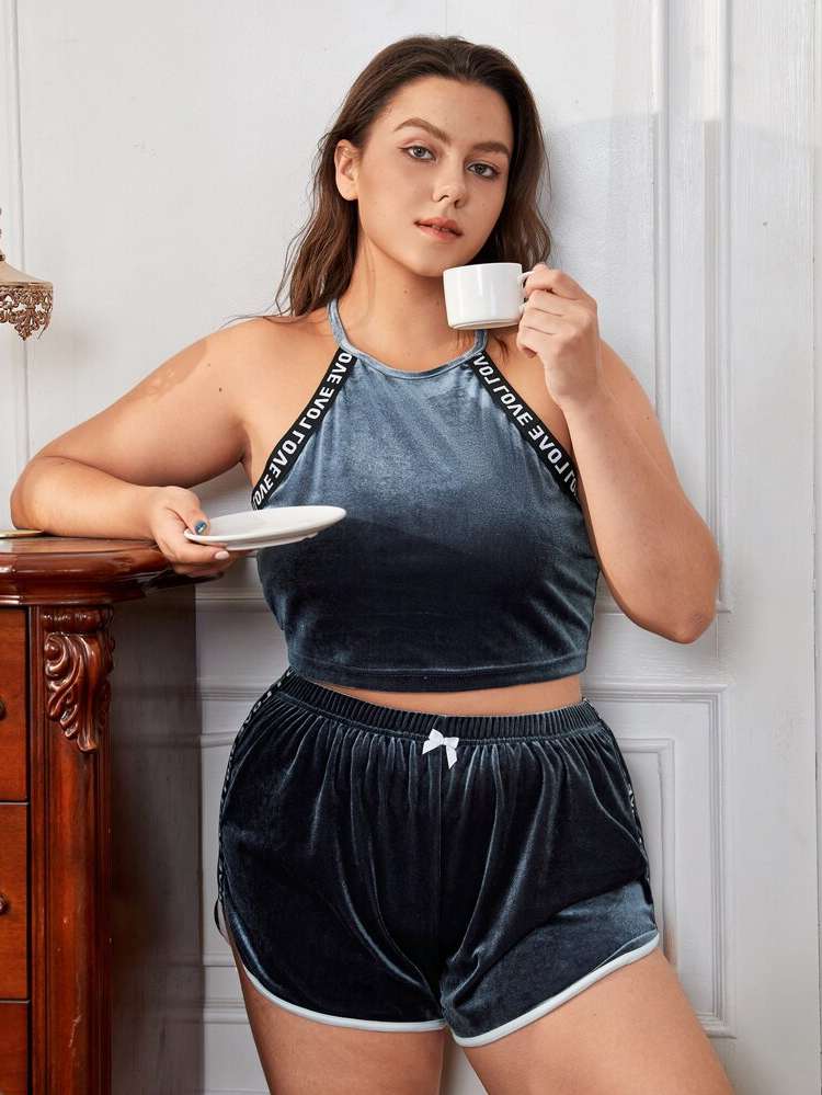 Halter Letter Casual Dusty Blue Plus Size Pajama Sets 8109