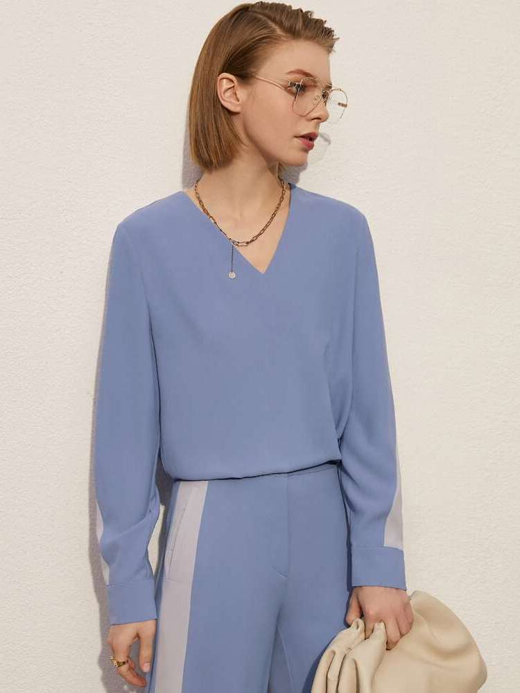 Colorblock Regular Fit Button Dusty Blue Women Blouses 2103