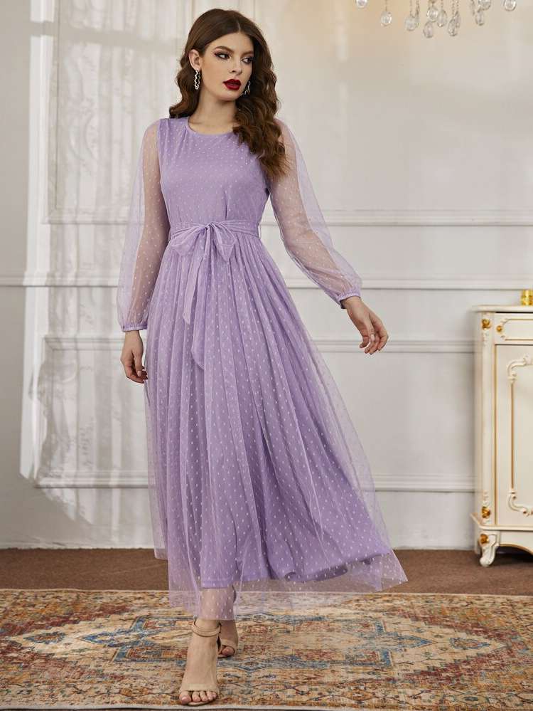 Round Neck Romantic Polka Dot Long Sleeve Women Dresses 9382