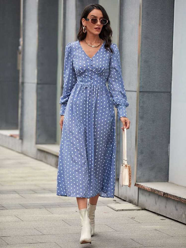 Midi Polka Dot Casual Dusty Blue Women Dresses 9793